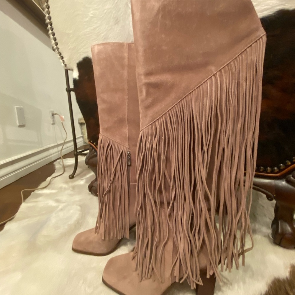 Jessica Simpson Porcini Suede Over-the-Knee Fringe Boots